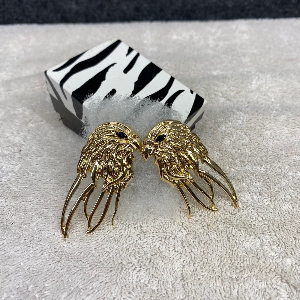 Gold Tone Eagle Head Statement Earrings Black Rhinestone Eyes Bold Bird Jewelry